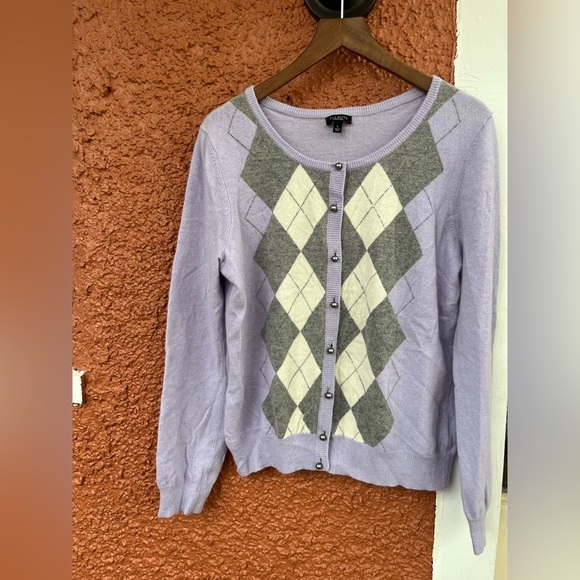 Talbots Purple Gray Lambswool Angora Rabbit Argyle Cardigan Sweater Large - Picture 1 of 6